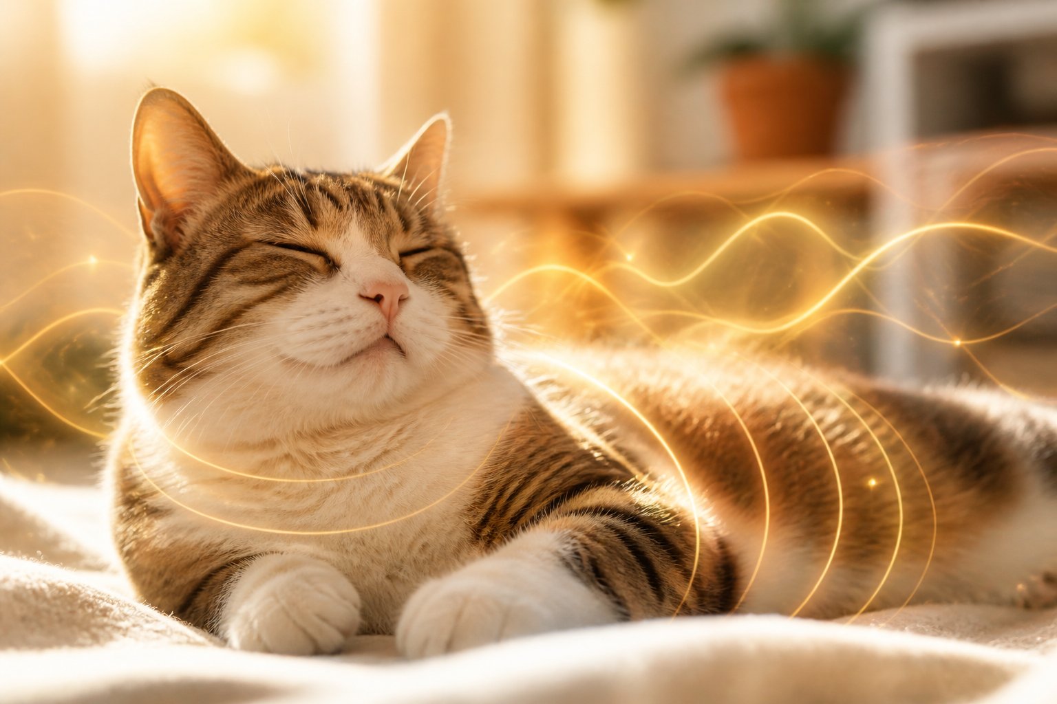 A calm cat resting peacefully on a soft surface with gentle light waves around it, symbolizing healing.