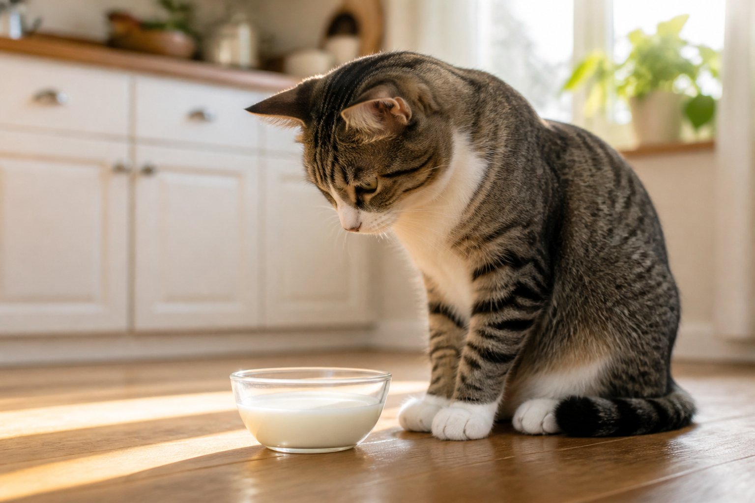 A domestic cat sitting near a small bowl of milk on a wooden floor in a bright kitchen.