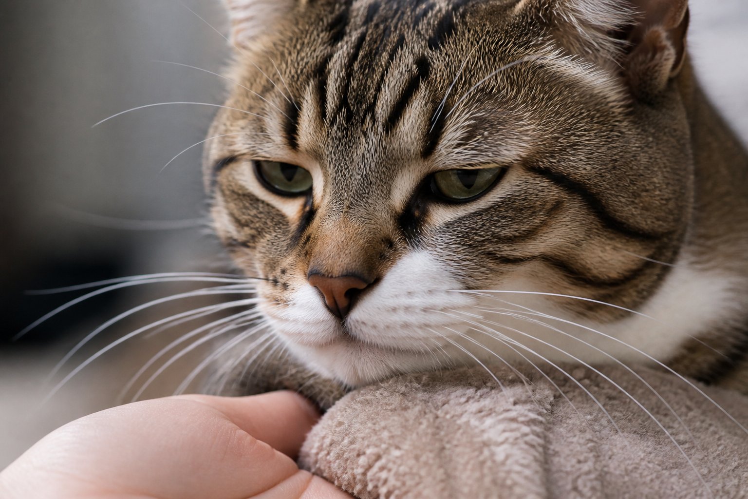 Close-up of a calm cat with visible whiskers gently touching a soft surface.